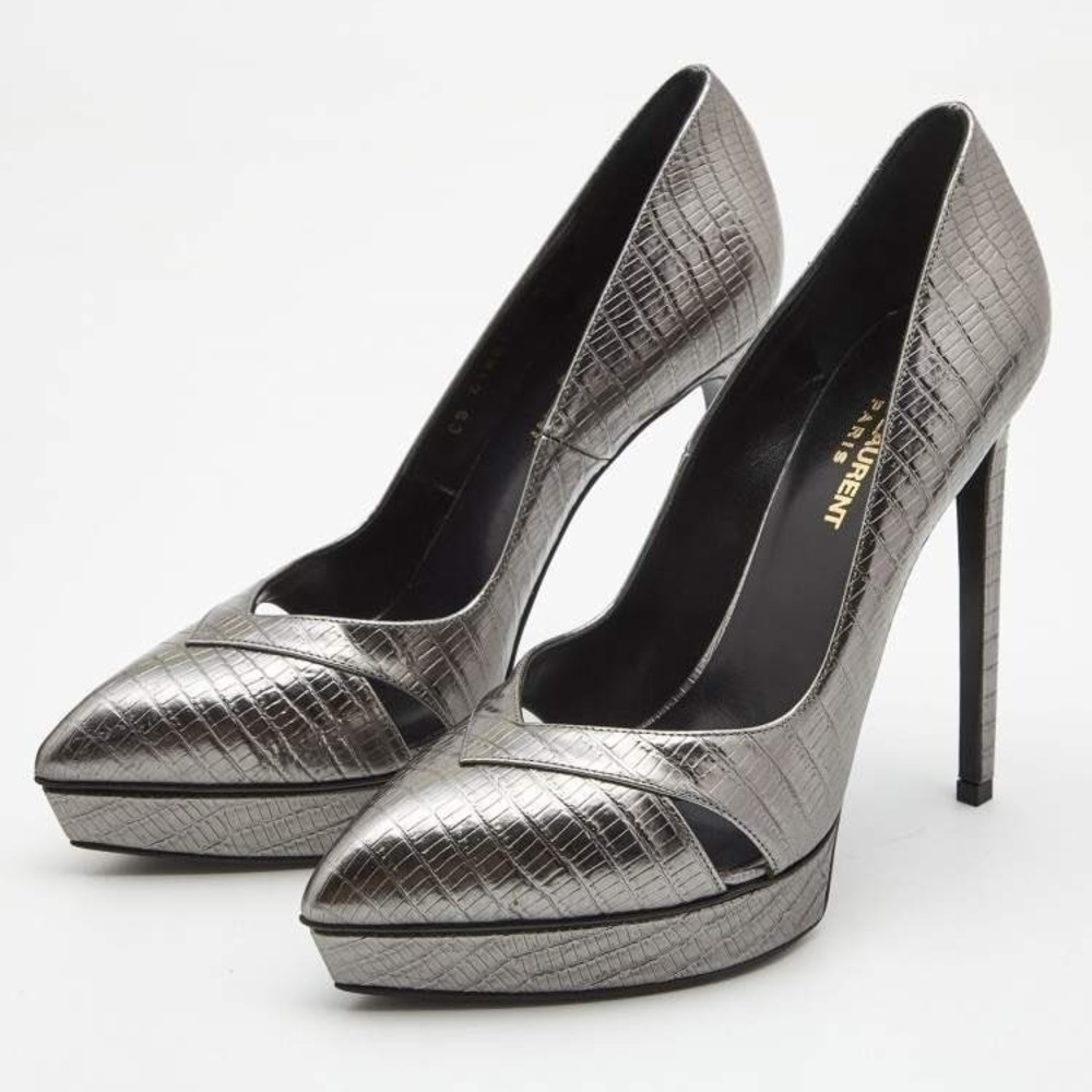 Saint Laurent Tejus Croc Embossed Platform Pumps Graphite EU 38.5